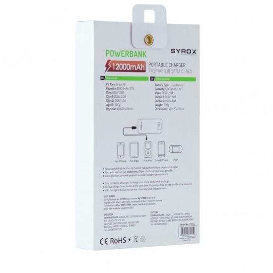 12000mAh Powerbank Taşınabilir Şarj Led Panel-Fener-2 USB 